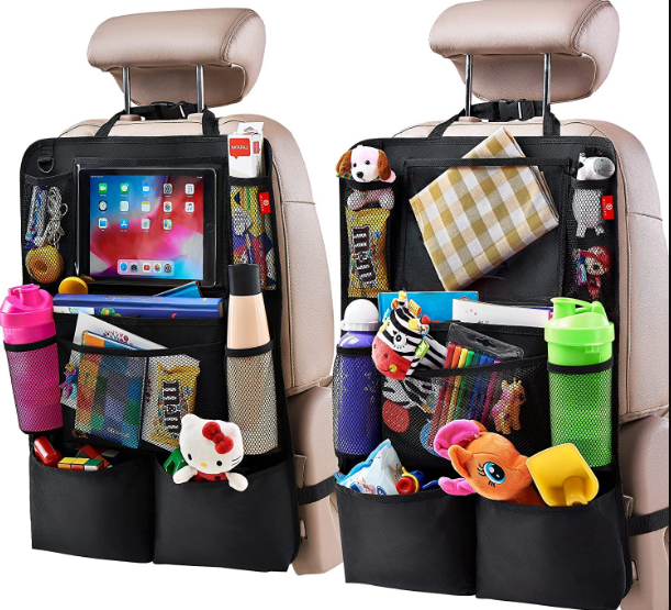 Children and Road Trips Kids Autobull Multi-Pocket Back Seat Organizer 2-PACK with Clear iPad Tablet Pocket Kick Mat for Baby 
